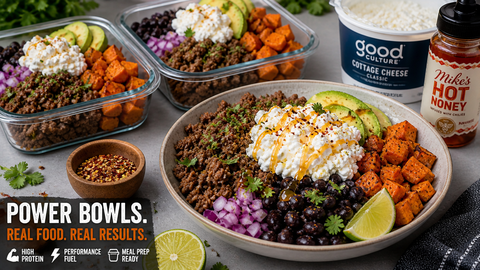 Sweet Potato Ground Beef & Cottage Cheese Power Bowl with Hot Honey